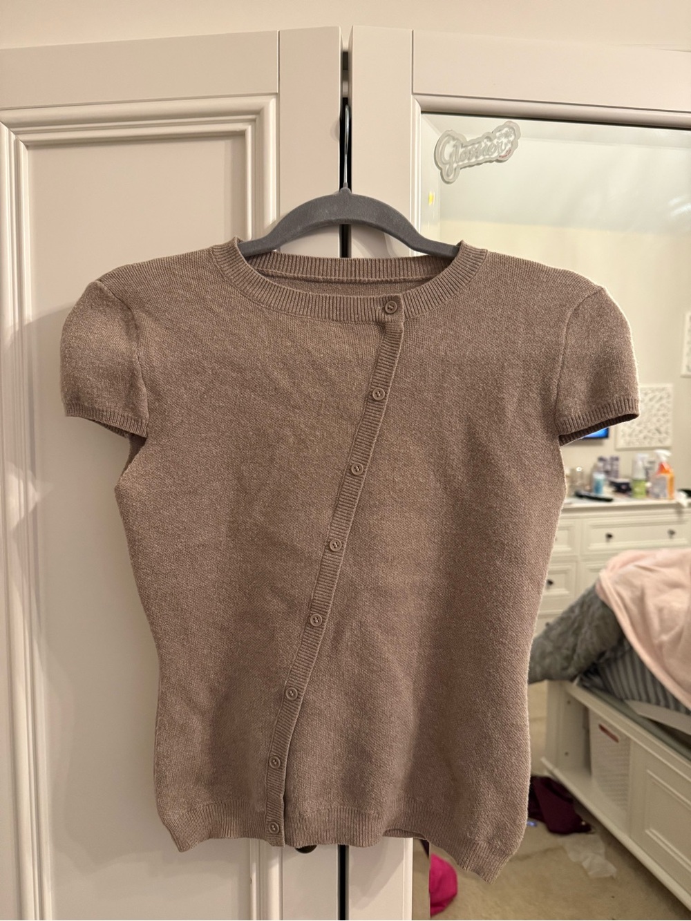 Muse Short-Sleeve Taupe Scoop Neck Knit Sweater